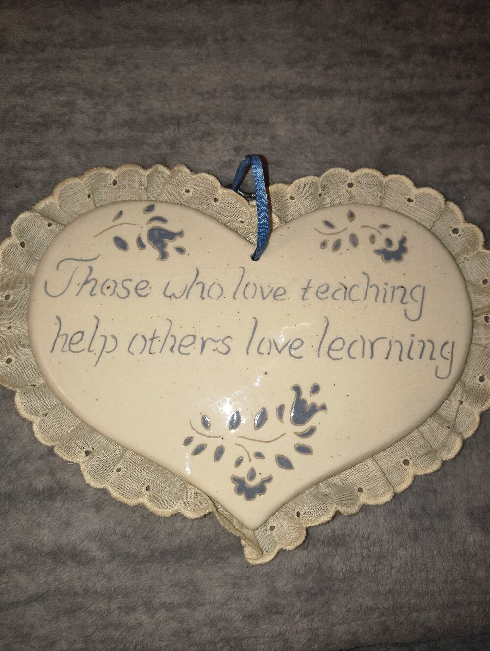 Heart-Shaped Ceramic Teacher Plaque in Cream and Blue